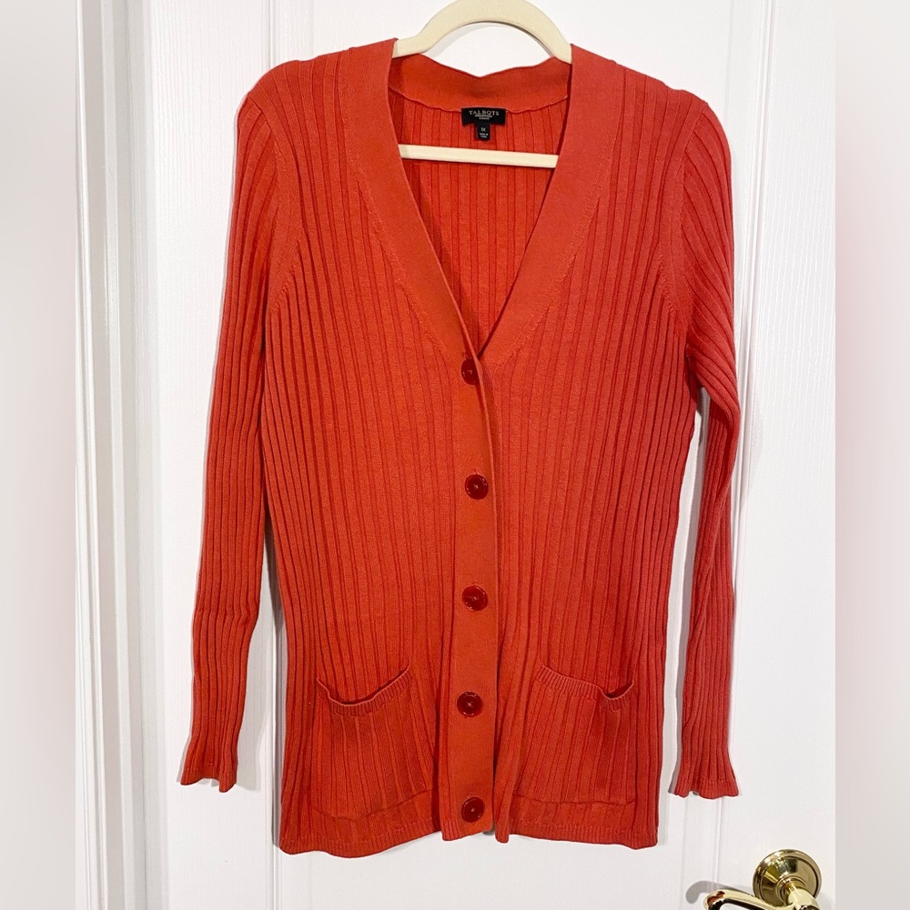 Y2K Talbots Ribbed Knit V Neck Longline Cardigan Patch Pockets Coral Size 1X